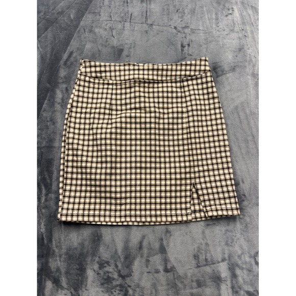 Garage Dresses & Skirts - Garage Plaid Mini Skirt Womens Small Brown Tan Checkered Bodycon Front Slit 90s